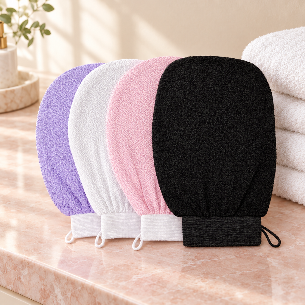 The four colours of the exfoliating bath mitt: purple, white, pink and black. Sold as one mitt