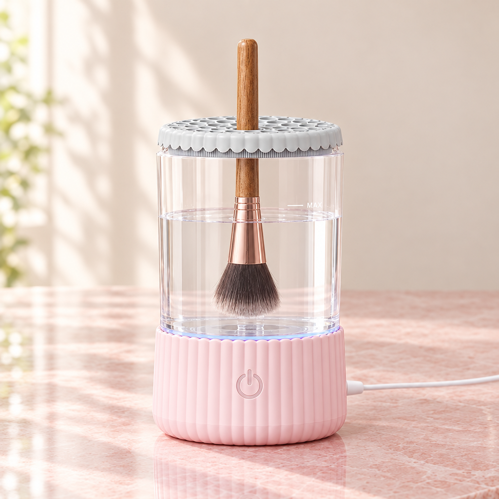 Pink electric makeup brush cleaner with a brush in the lid and its USB cable