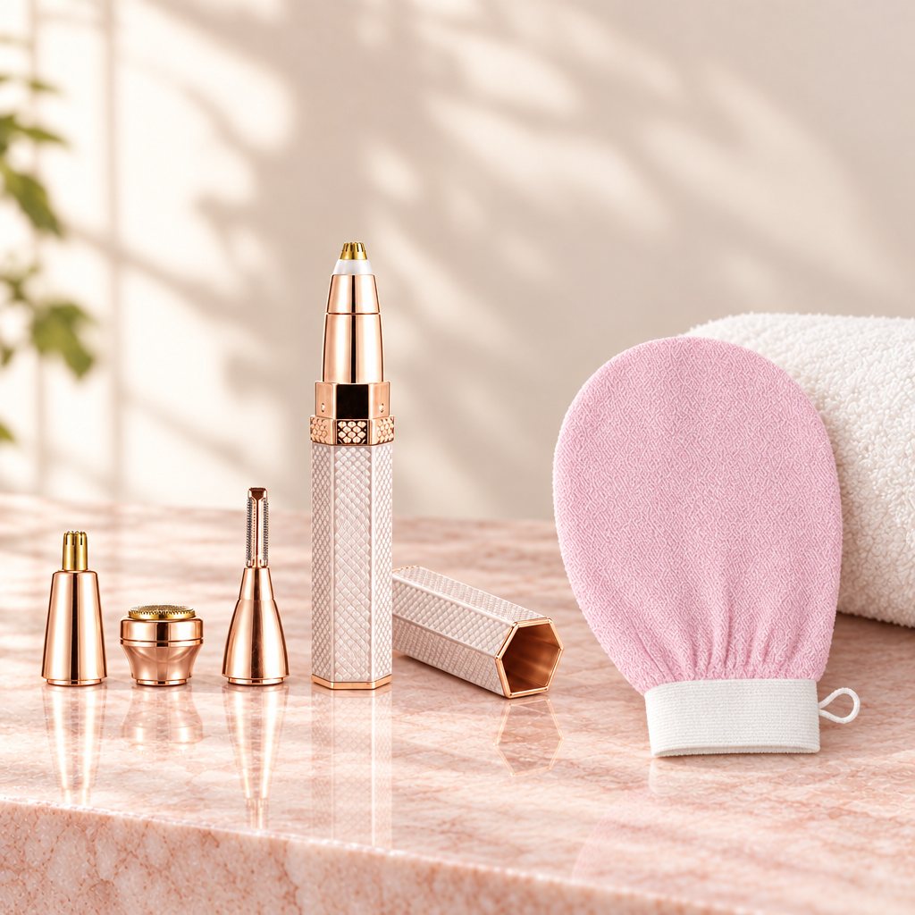 Smooth Skin Set: the 4 in 1 lipstick shaver with its heads and a pink exfoliating mitt