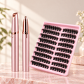 Brows and Lashes Kit: the rose gold eyebrow trimmer, cap on and cap off, next to a pink tray of cluster lashes