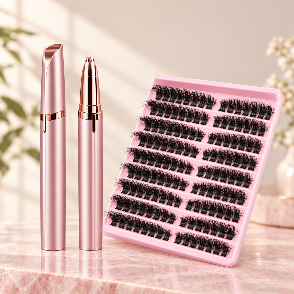 Brows and Lashes Kit: the rose gold eyebrow trimmer, cap on and cap off, next to a pink tray of cluster lashes